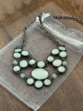Gun Metal Chain with Pale Green Stones and Jewels Necklace